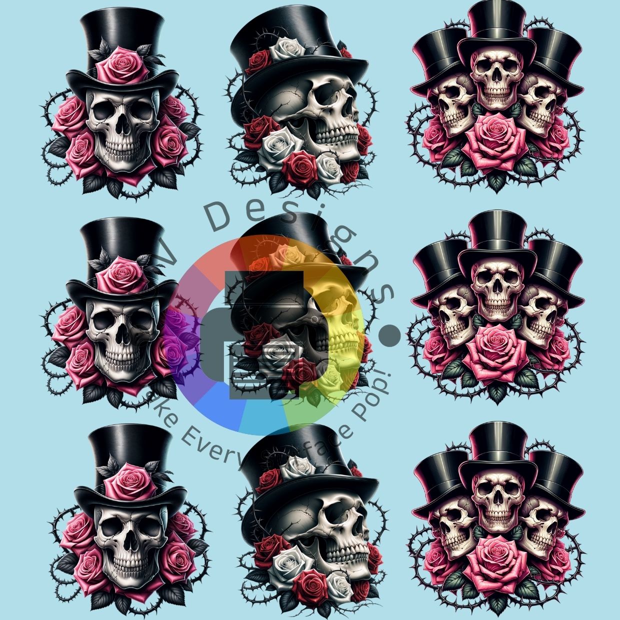 4 cm Skulls met hoed en rozen nr 2