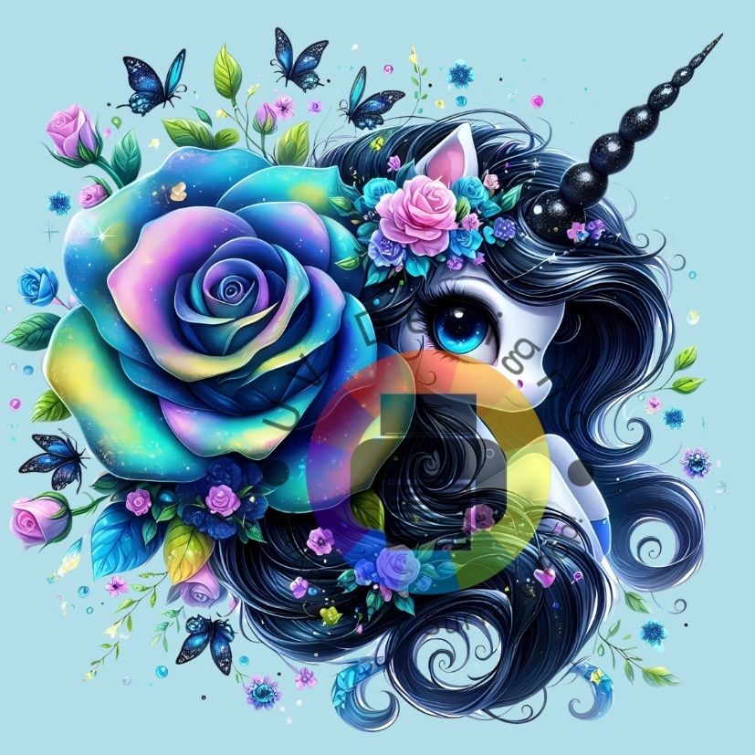 Unicorn groen geel, paarse roos nr 1