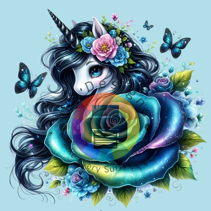 Unicorn groen geel, paarse roos nr 2