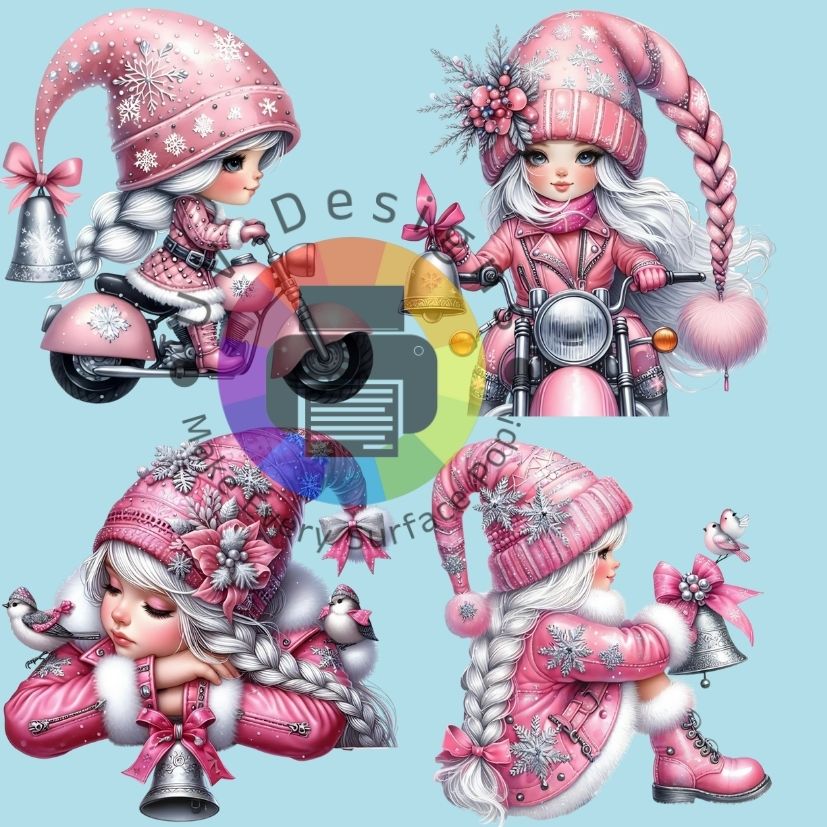 4 Roze kerst gnome meisje