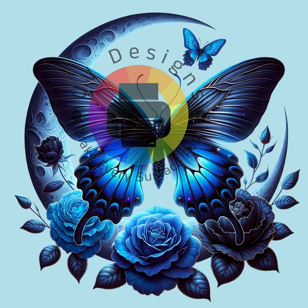 Blauwe maan met vlinder en rozen nr 2