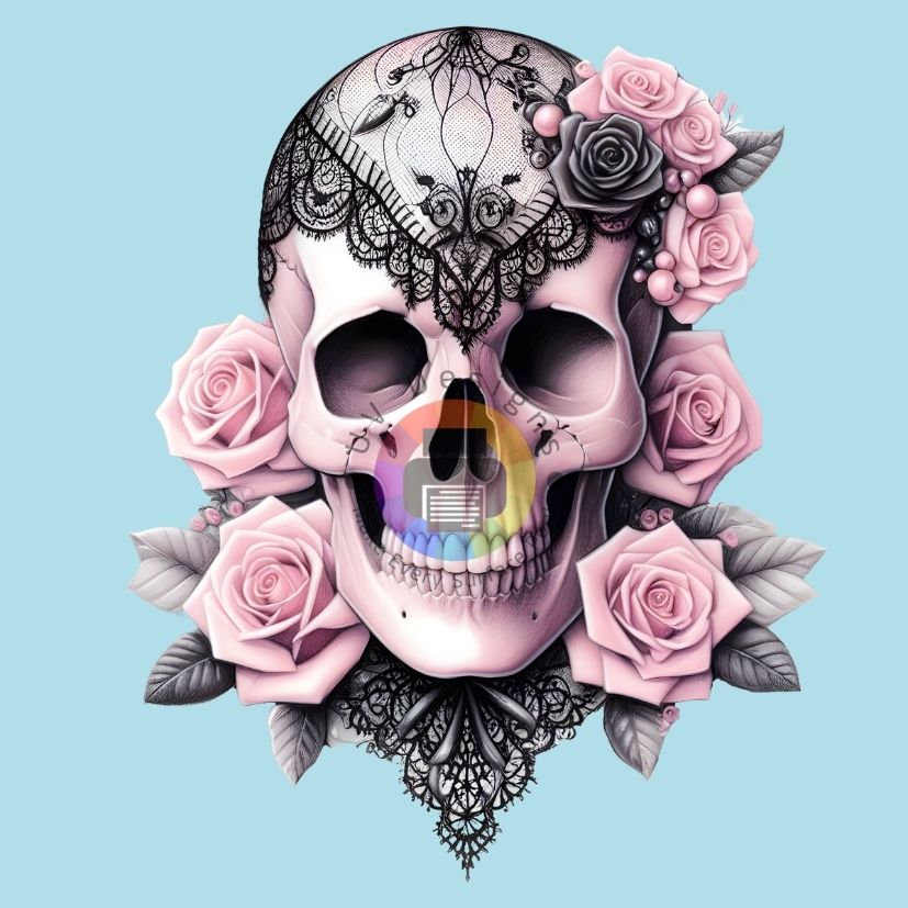 7 cm Pink skull with lace and roses