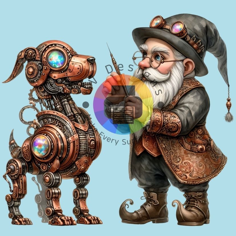 12 cm Steampunk gnome met hond robot