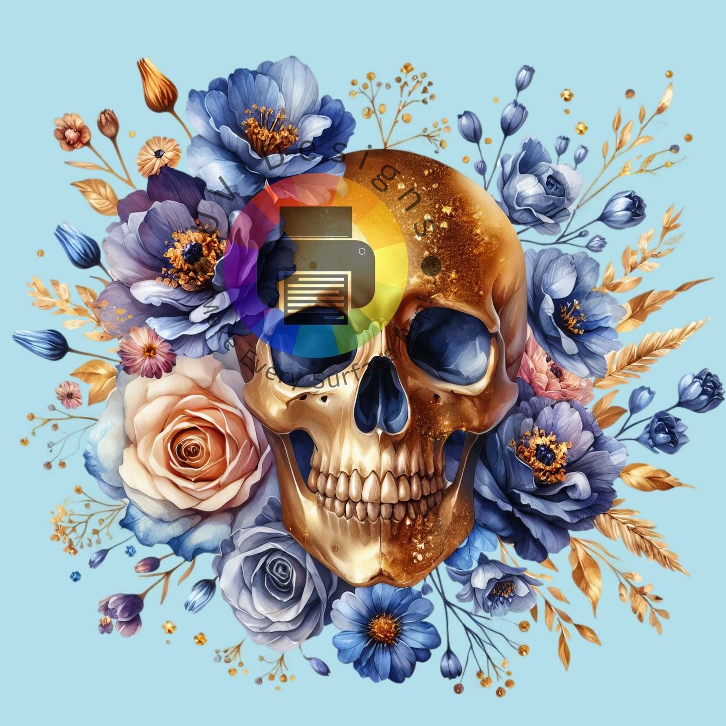 Goud skull met blauwe bloemen nr 3