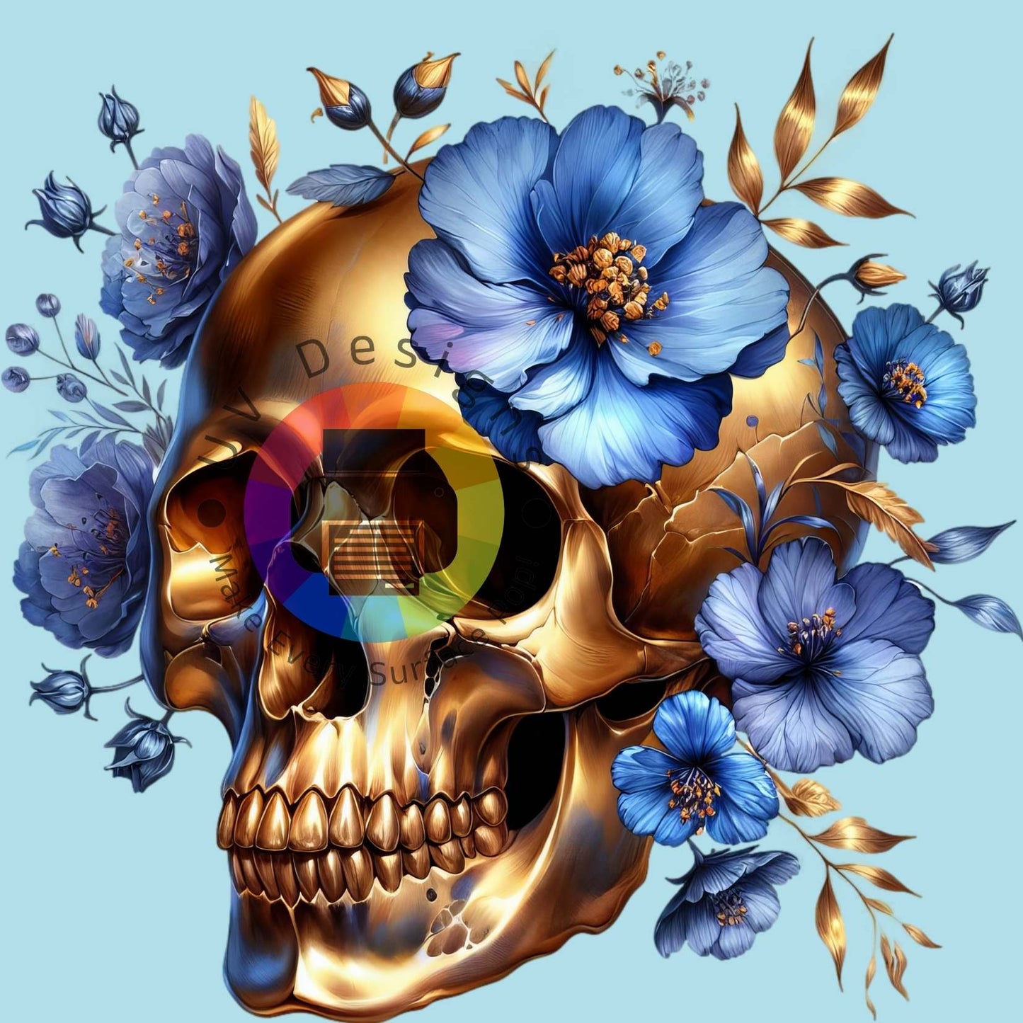 Goud skull met blauwe bloemen nr 4