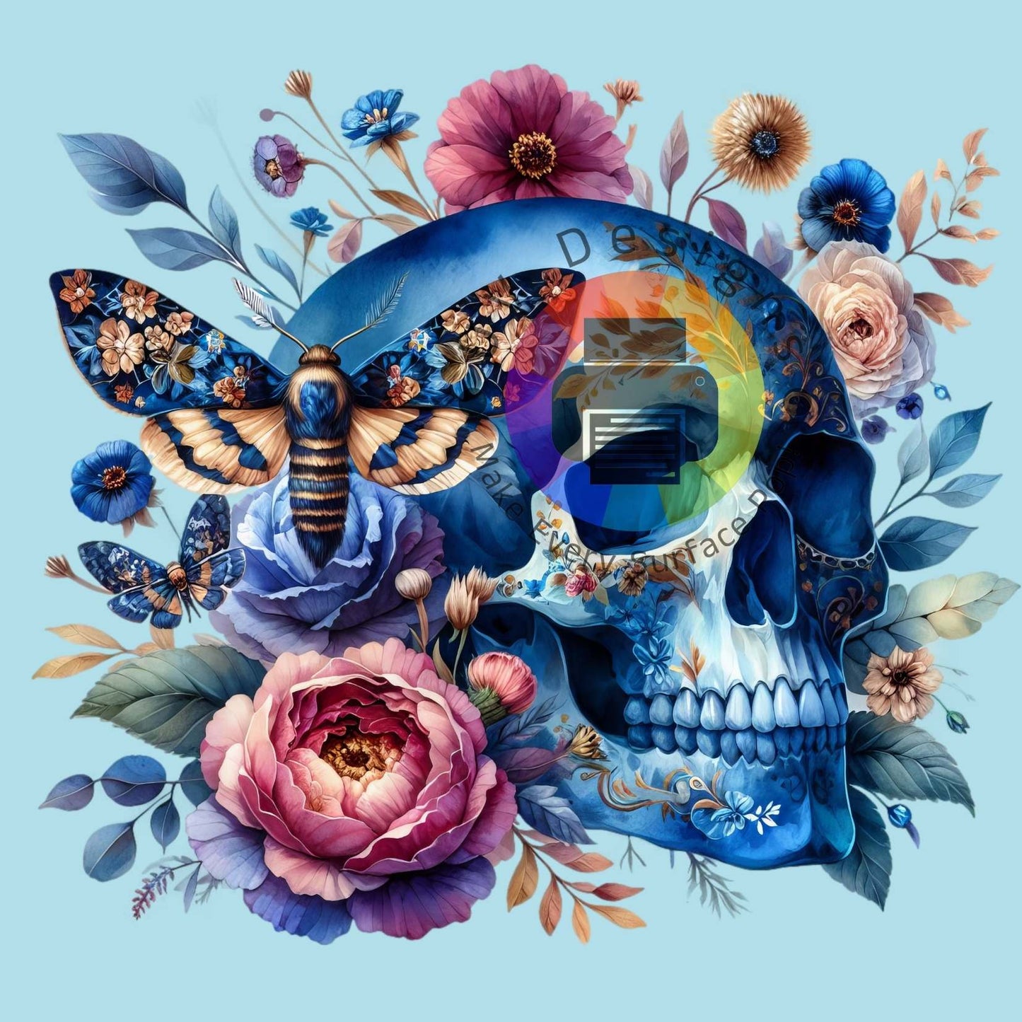 Blauwe skull met bloemen en mot