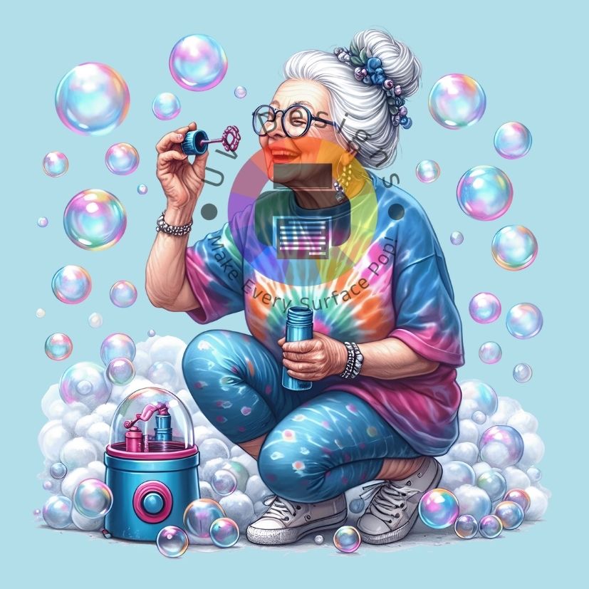 Oma met bellenblazer