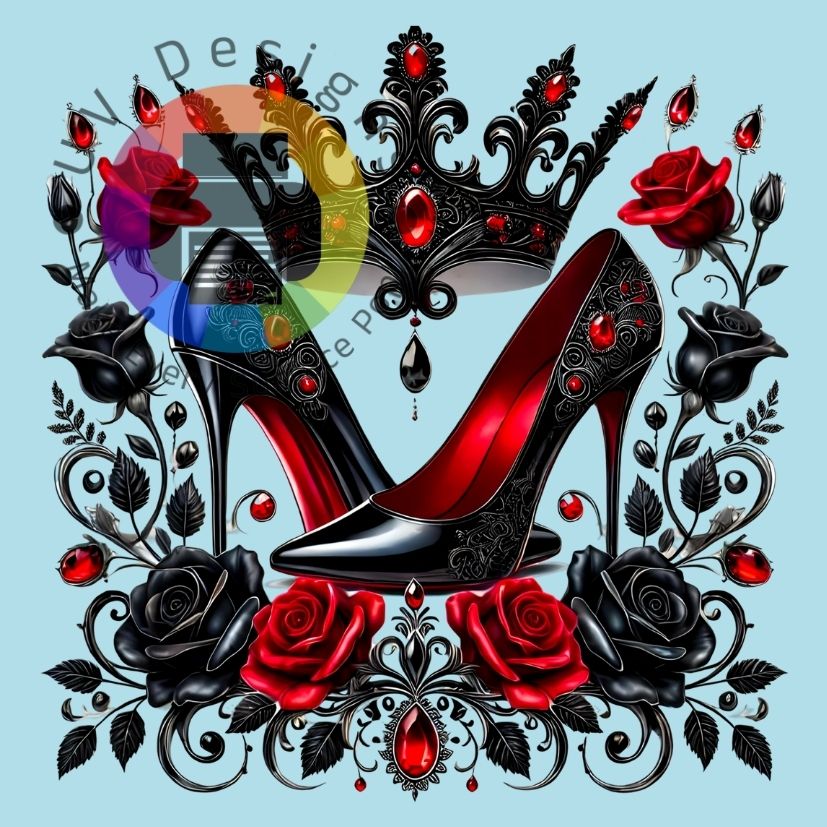 zwart - rode stiletto's met rozen en kroon nr 1