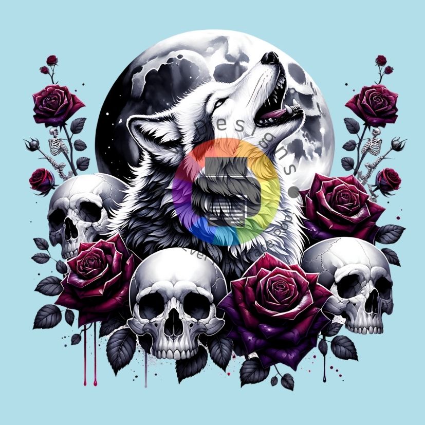 Volle maan - Wolf - skull - rozen
