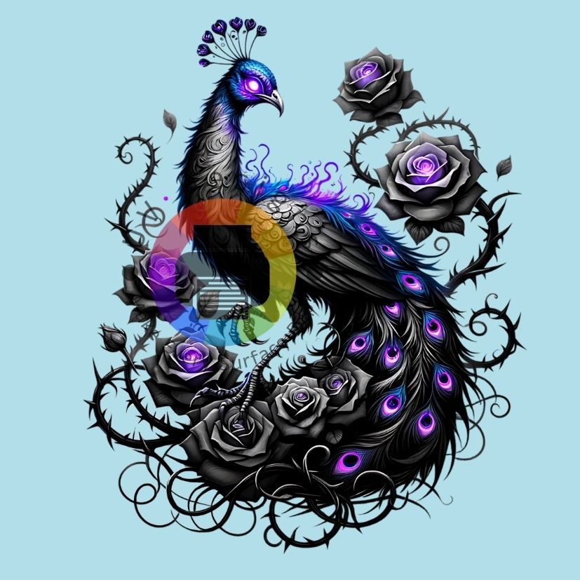 Zwarte paarse pauw met rozen