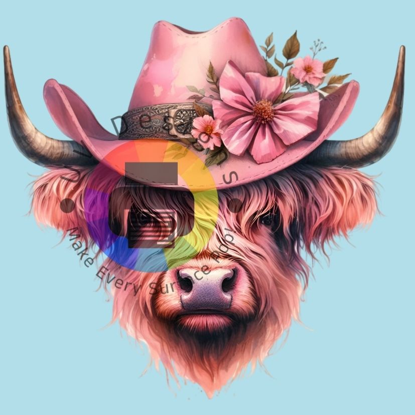 Highland koe met roze hoed nr 1
