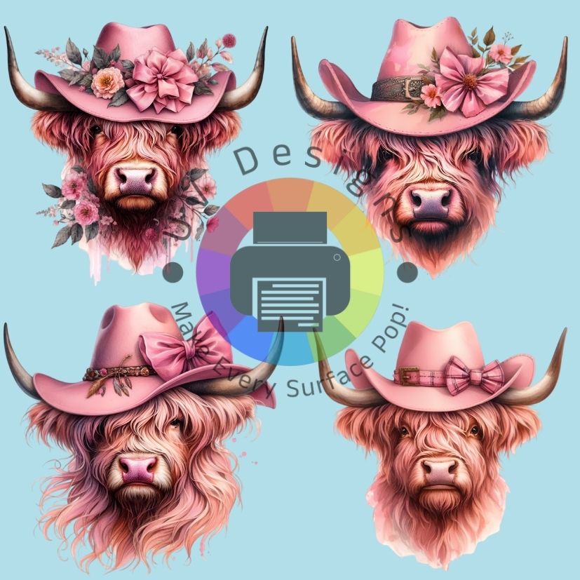 6 cm Highland koeien met roze hoed