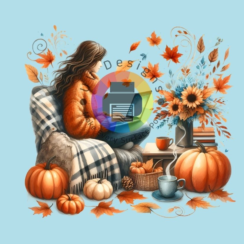 Vrouw met laptop op de bank met pompoenen