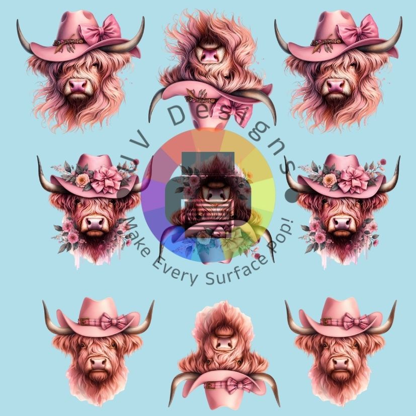 4 cm Highland koeien met roze hoed