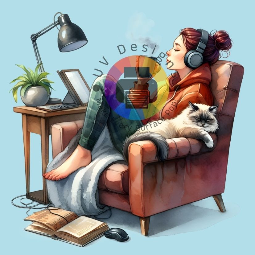 Vrouw met koptelefoon, mok en kat op de bank nr 1