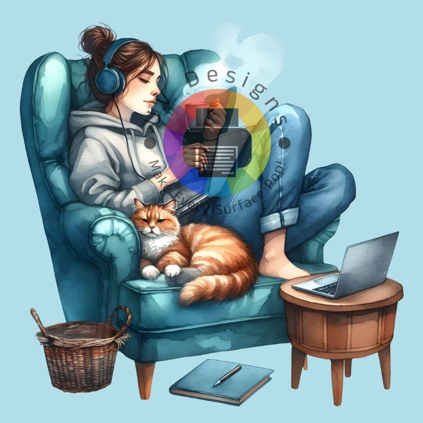 Vrouw met koptelefoon, mok en kat op de bank nr 2