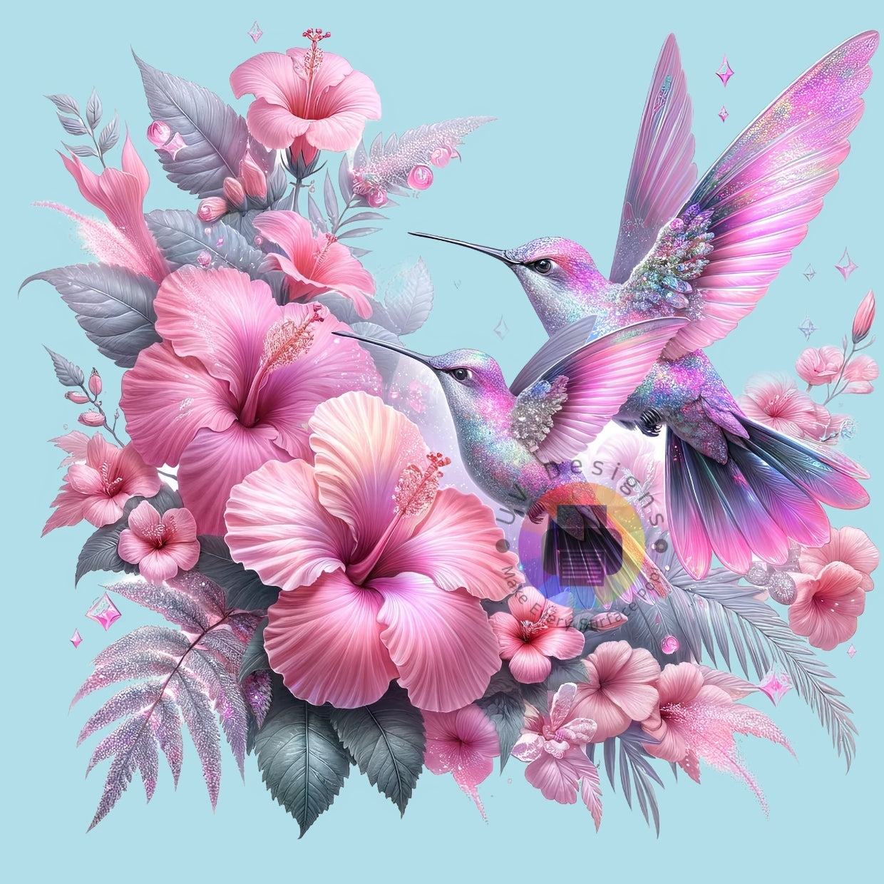 12 cm 2 colibris roses avec des fleurs