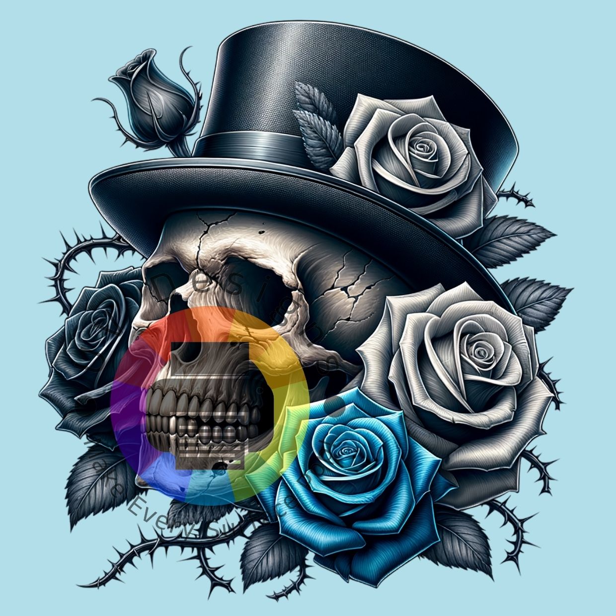Skull met hoed en blauw - grijze rozen