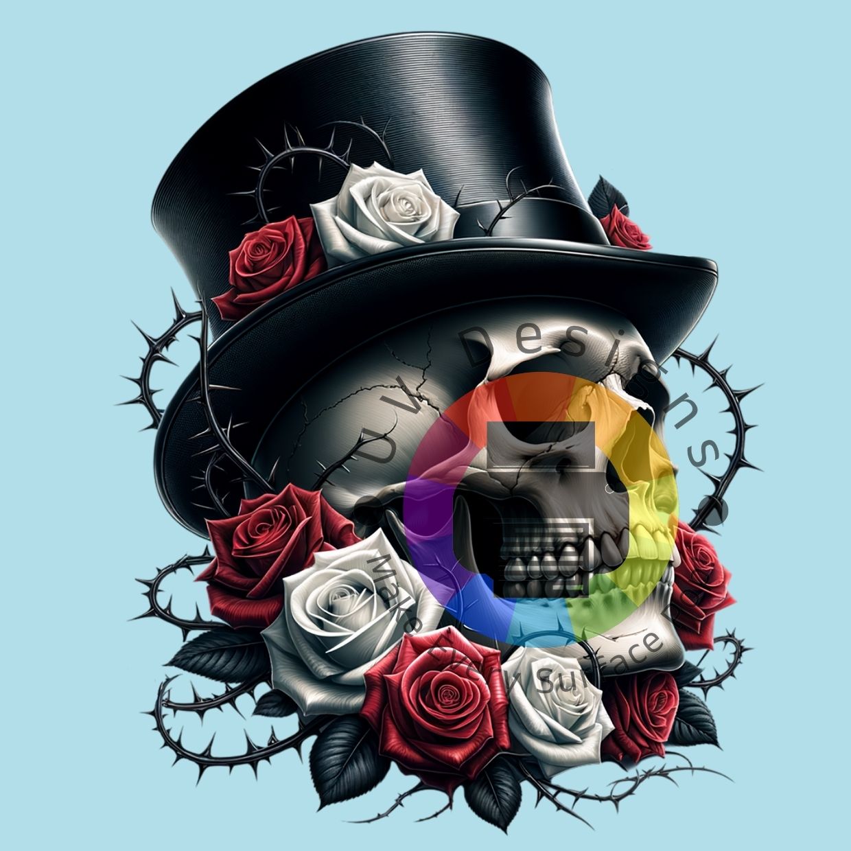 Skull met hoed, rood en witte rozen