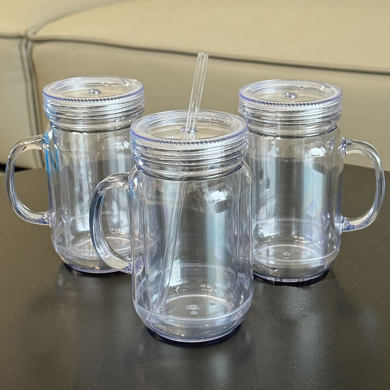 20oz Snow Globe Mason Jar – Double-Walled Clear Drinking Bottle with Straw