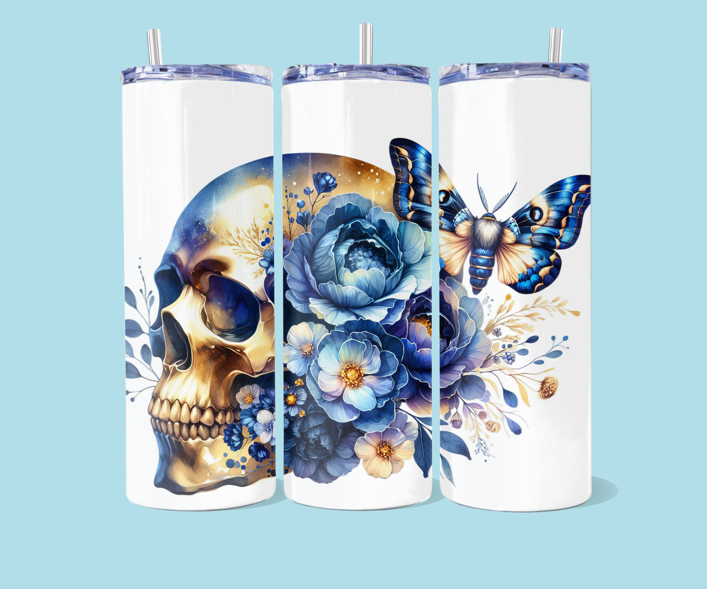 20oz Skull - Blauwe bloemen en mot