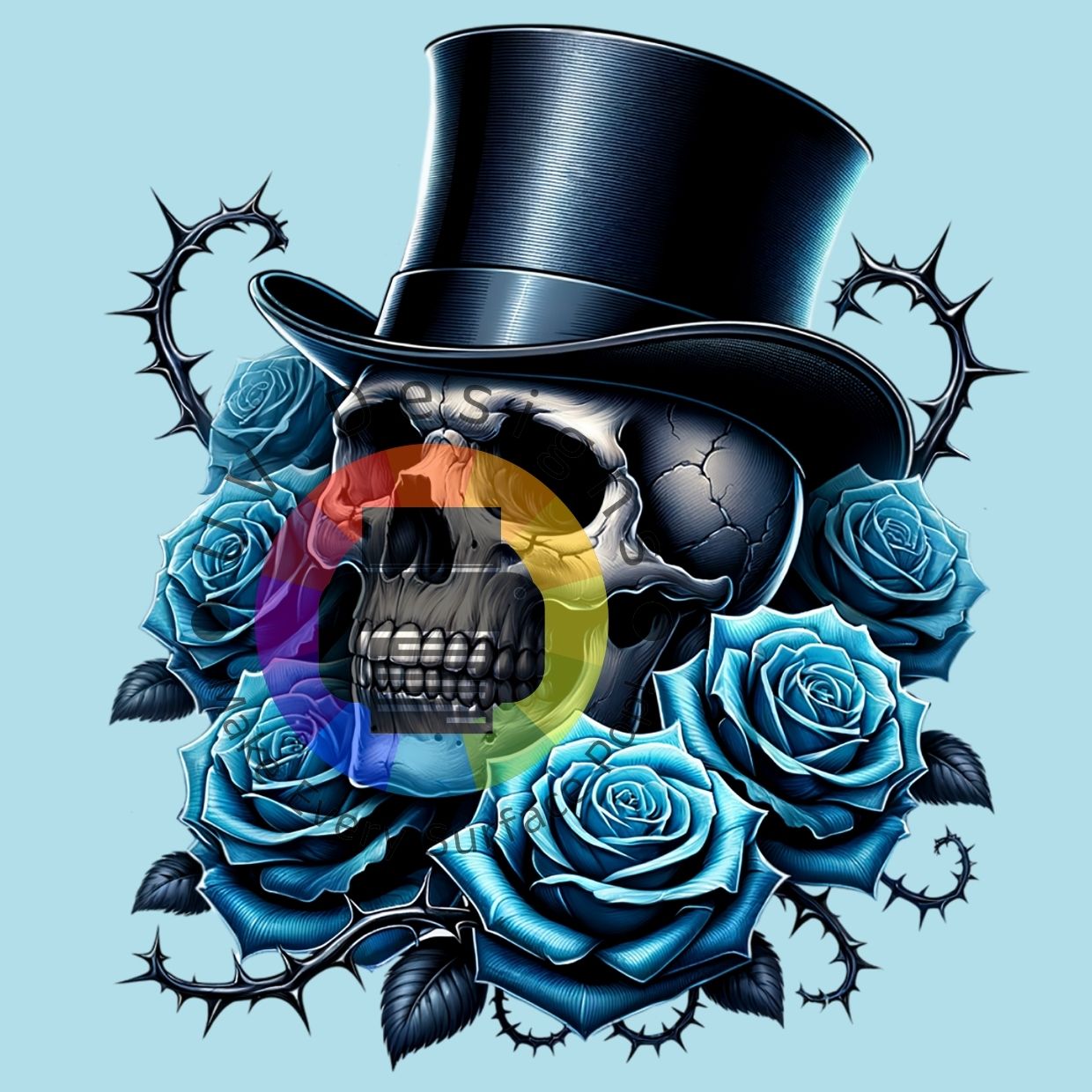 Skull met hoed en blauwe rozen