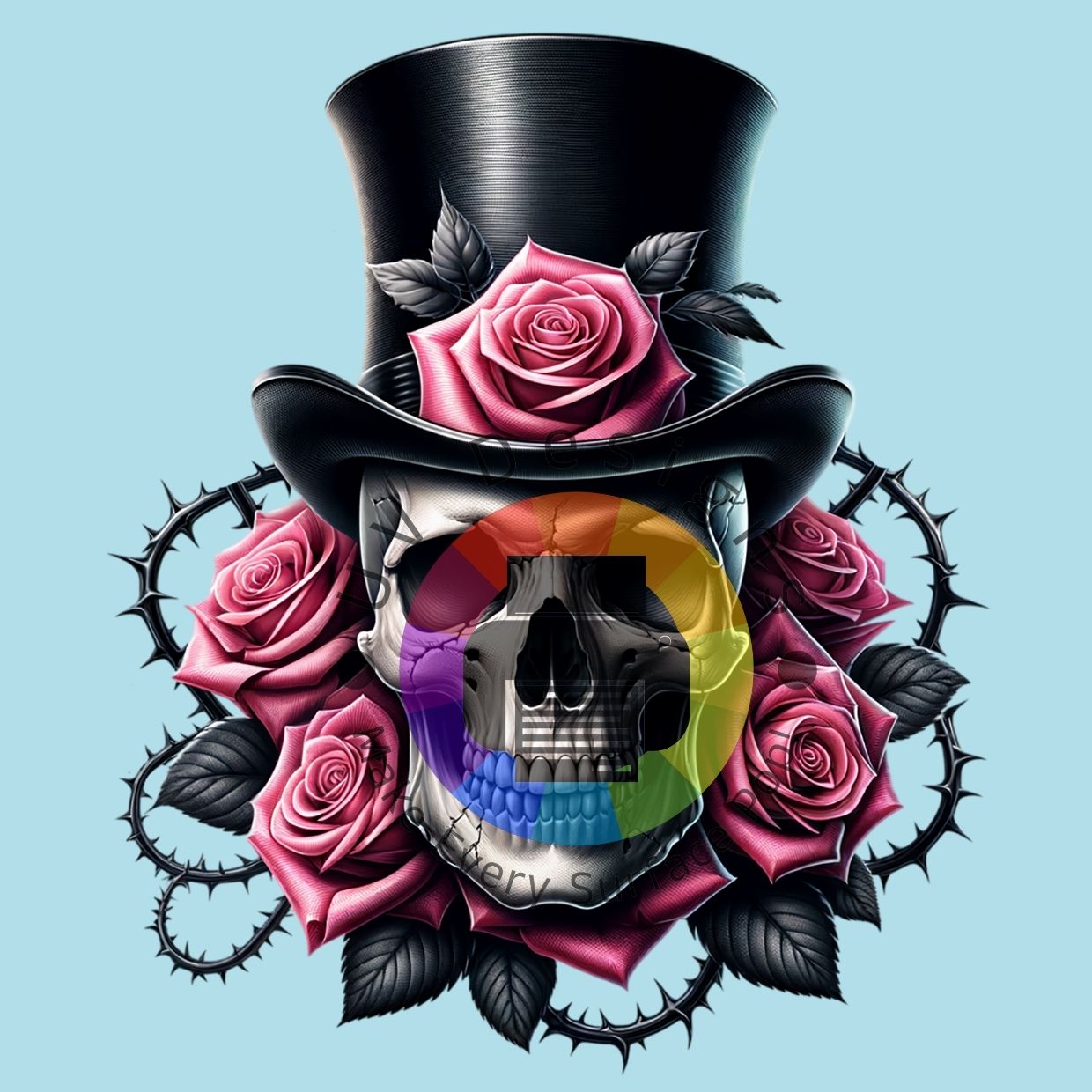 Skull met hoed en roze rozen