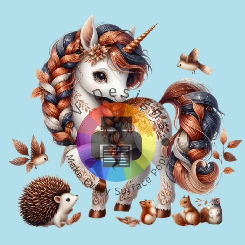 Herfst unicorn met vogels, egels en eekhoorn