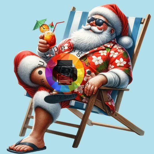 Santa Claus with cocktail on beach chair