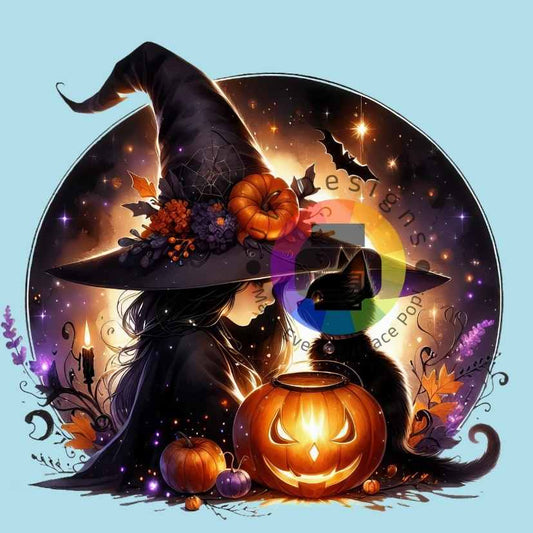 Witch with moon, cat and pumpkin