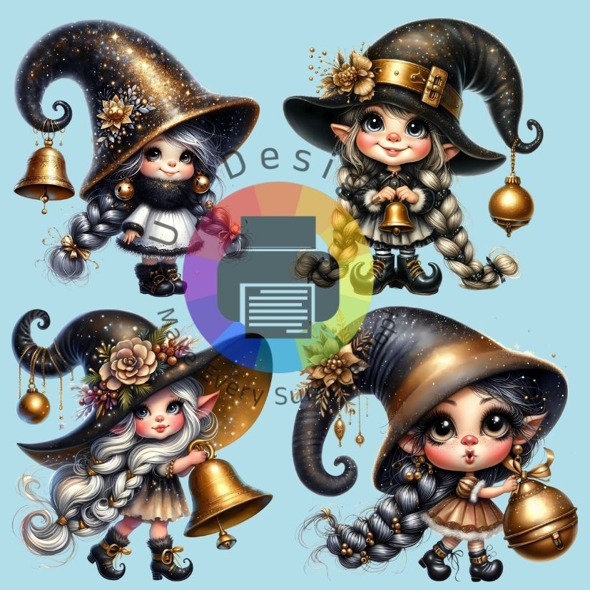 4 Zwart - goud kerst gnome meisje