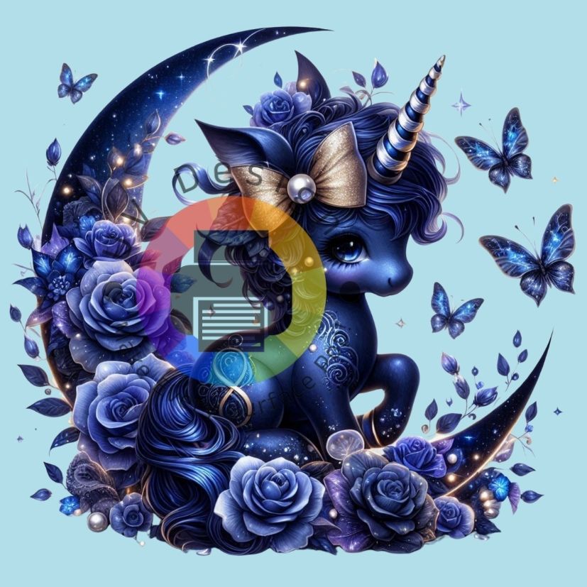 Blauwe unicorn - maan en rozen nr 1