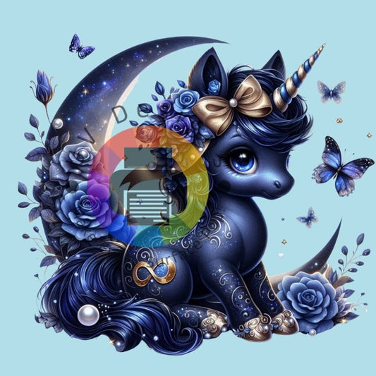 Blauwe unicorn - maan en rozen nr 2