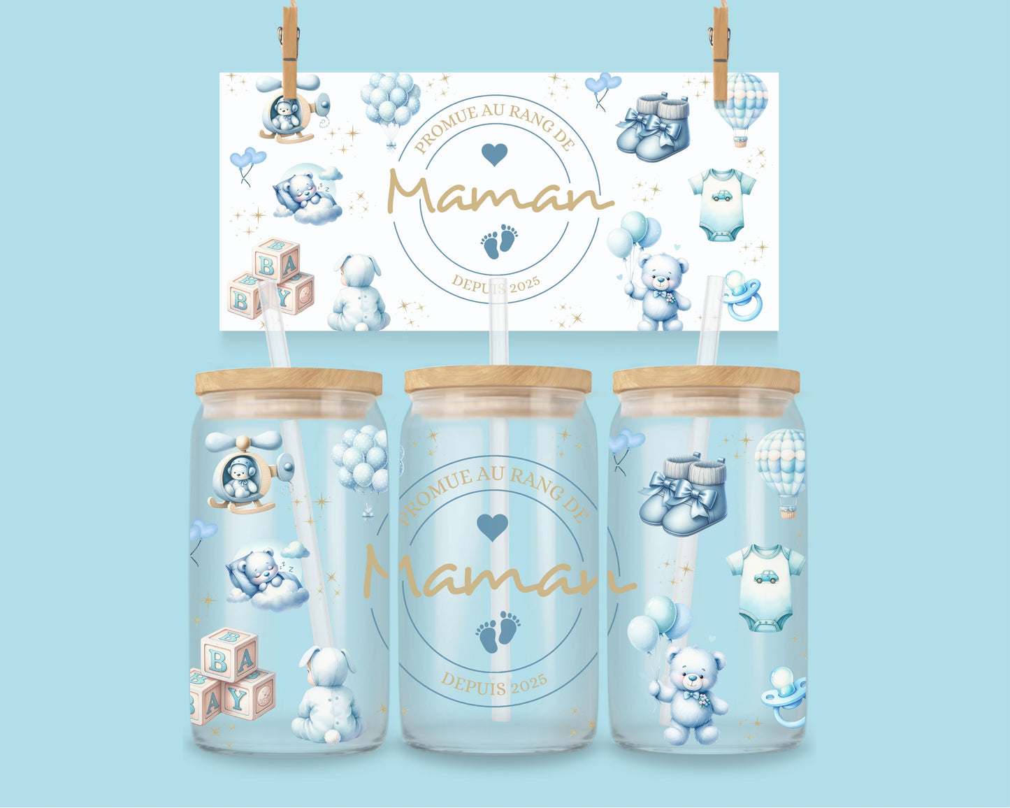 16oz Promoted to Mama - blue ( ENG &amp; FR )