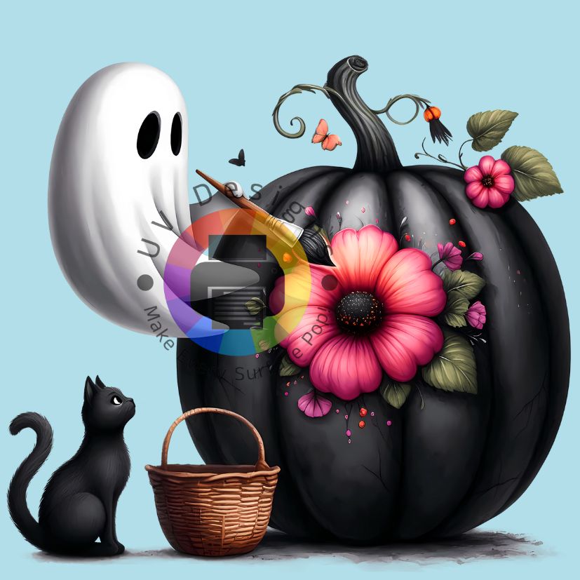 Zwarte pompoen met spookje en kat