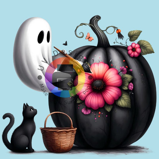 Zwarte pompoen met spookje en kat