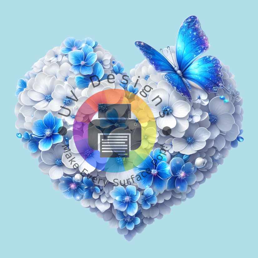 Heart with white and blue flowers and butterfly no. 1