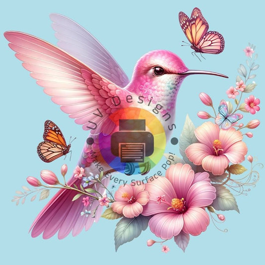 Pink hummingbird with flowers and butterflies
