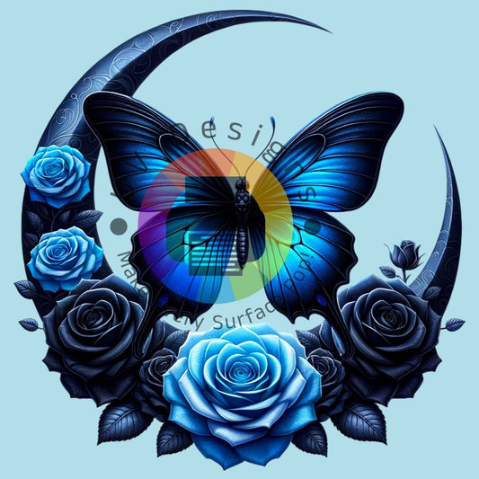 Blauwe maan met vlinder en rozen nr 1