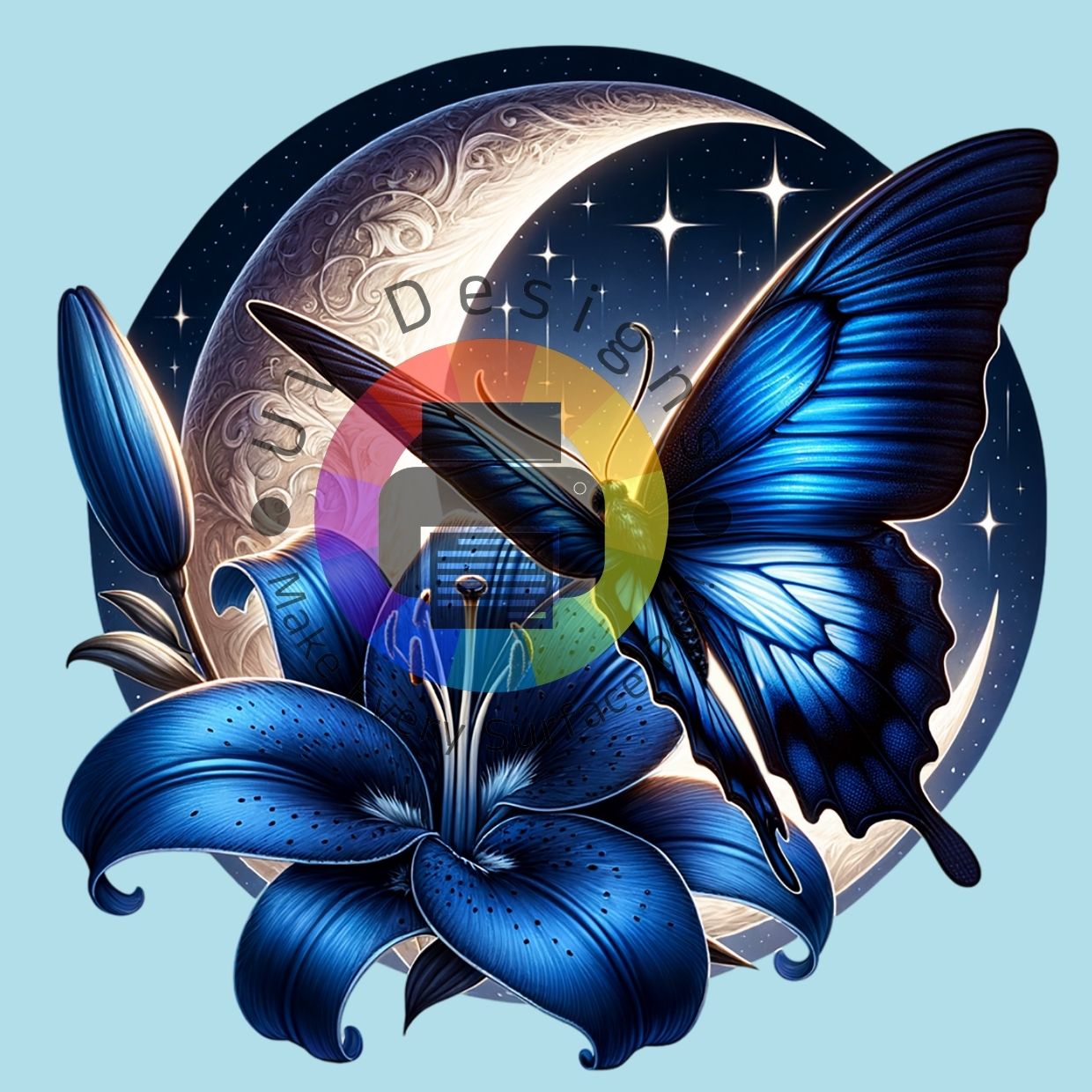 Blauwe vlinder met maan en bloem