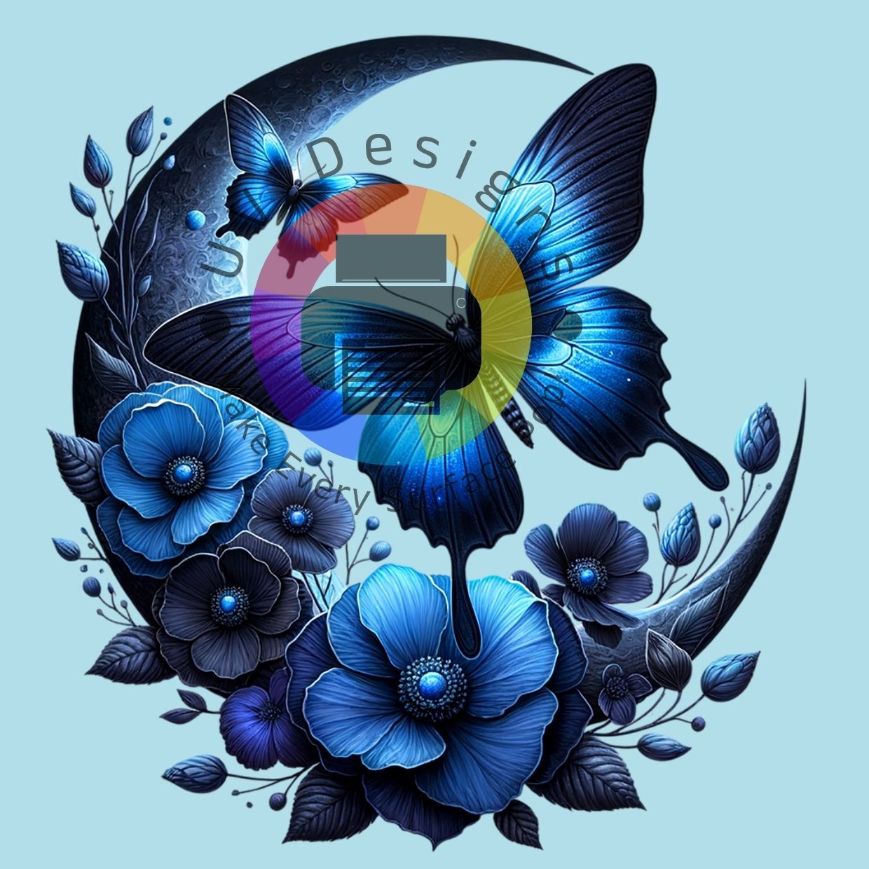 Blauwe maan met vlinder en bloemen