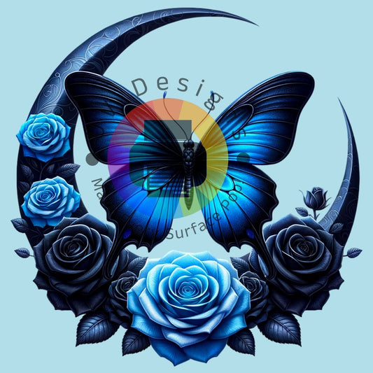 Blauwe maan met vlinder en rozen nr 3