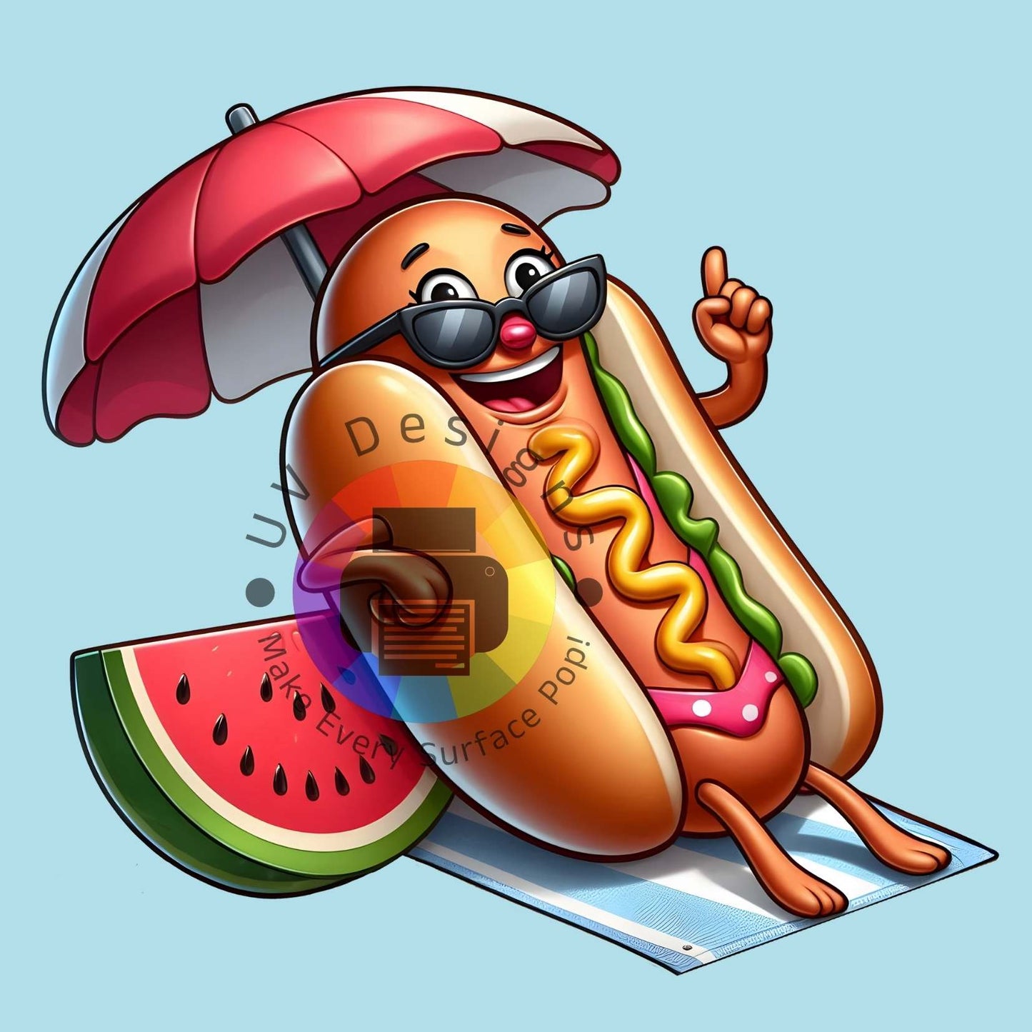 Zonnende hotdog met mosterd en watermeloen