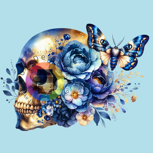 7 cm Goud blauw skull met bloemen en mot nr 2
