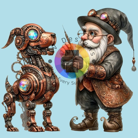 12 cm Steampunk gnome met hond robot