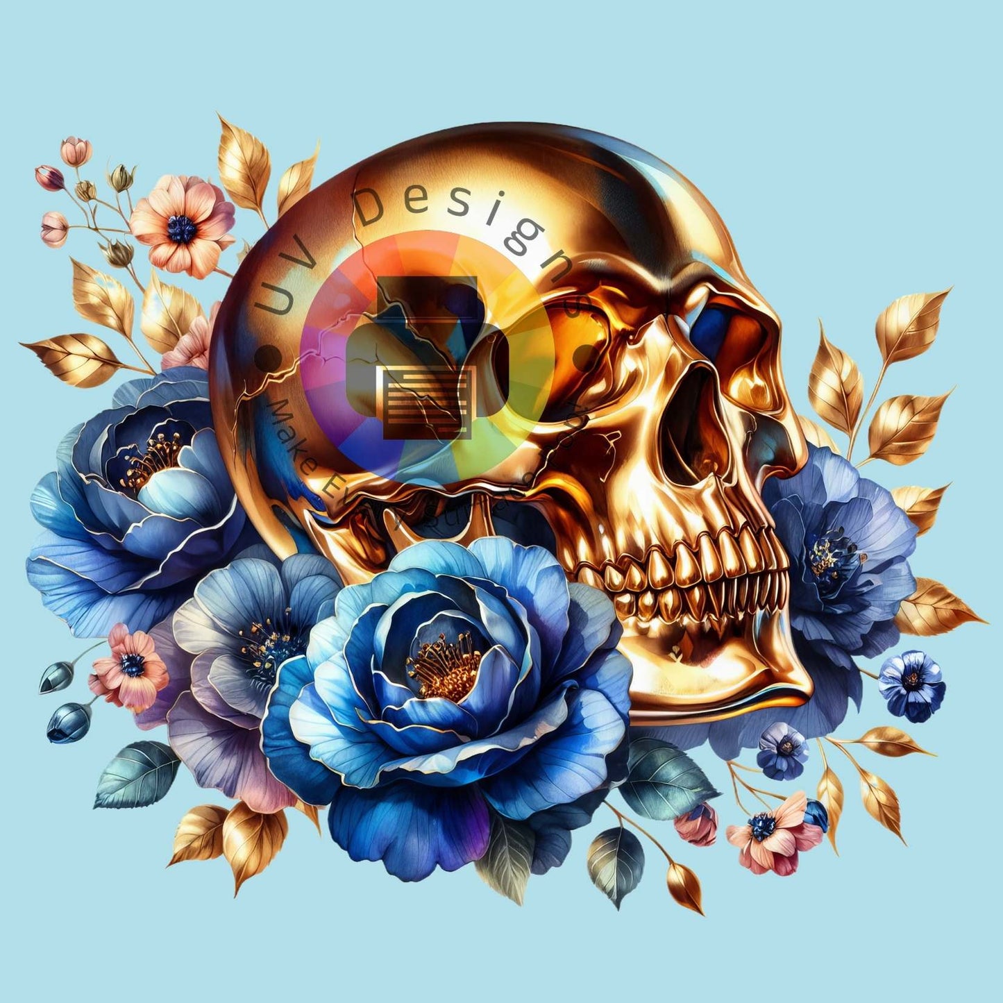 Goud skull met blauwe bloemen nr 1