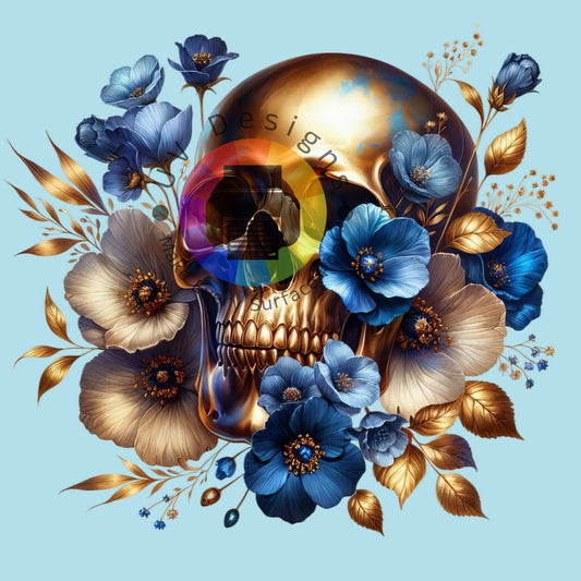 Goud skull met blauwe bloemen nr 2