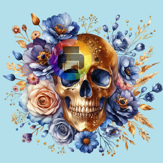 Goud skull met blauwe bloemen nr 3