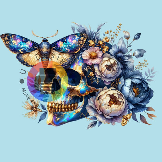 Goud blauw skull met bloemen en mot nr 1