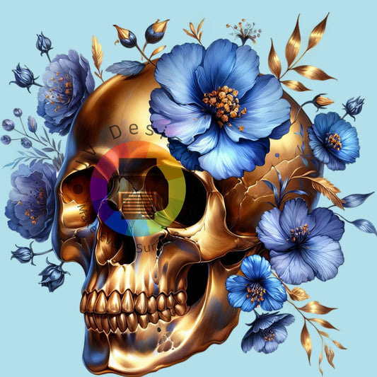 Goud skull met blauwe bloemen nr 4